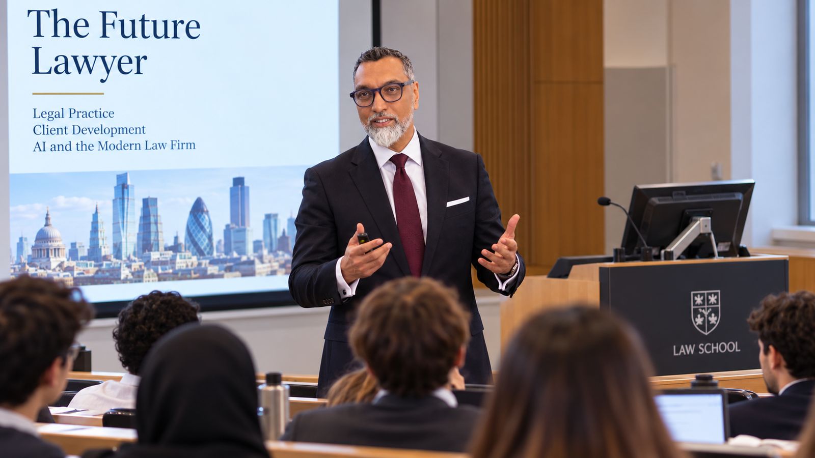 Rifat Sheikh presenting The Future Lawyer at a law school lectern