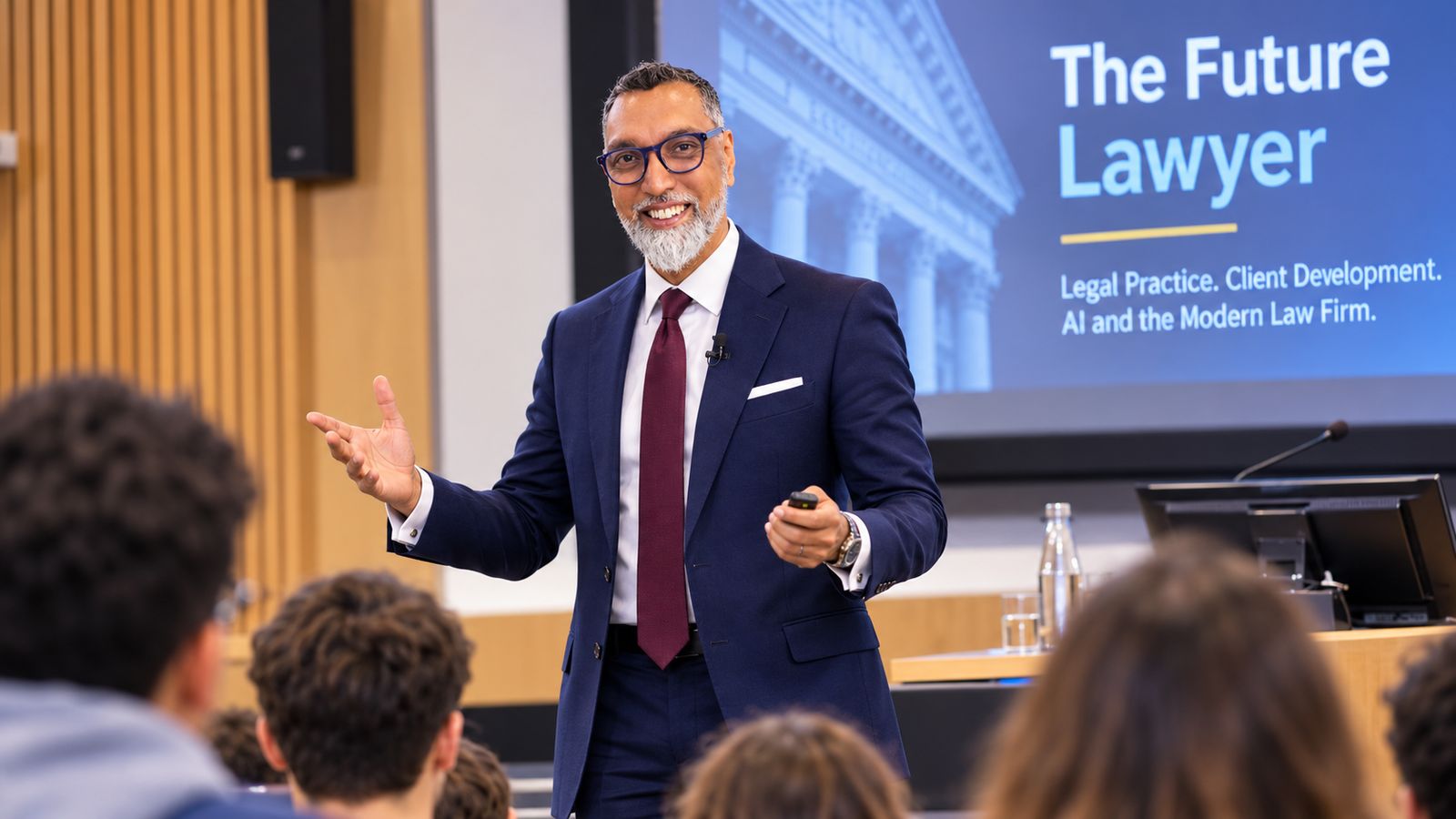 Rifat Sheikh presenting to law students in a lecture hall